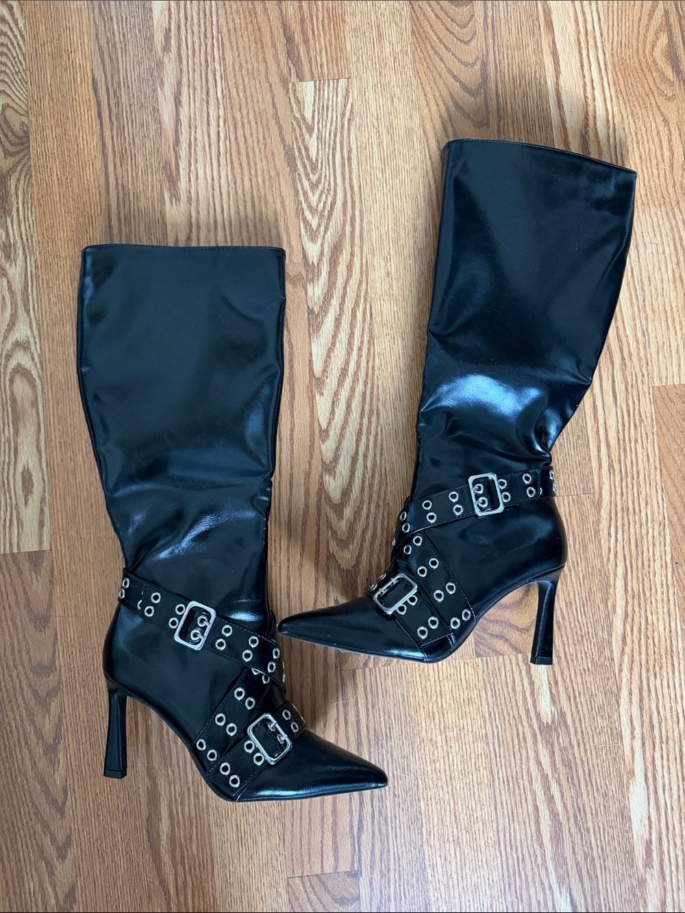 Fashion Nova Black Pointed Knee-High Stiletto Boots with Buckle Straps